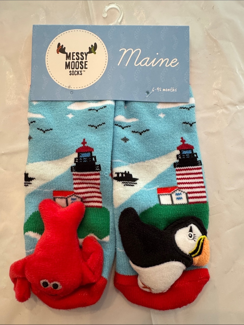 Messy Moose Light Blue Maine Lighthouse Puff Crab & Puffin Crew Socks